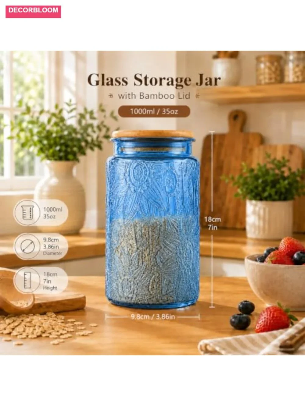 35oz Glass Storage Jar with Airtight Bamboo Lid, Food Canister for Pantry